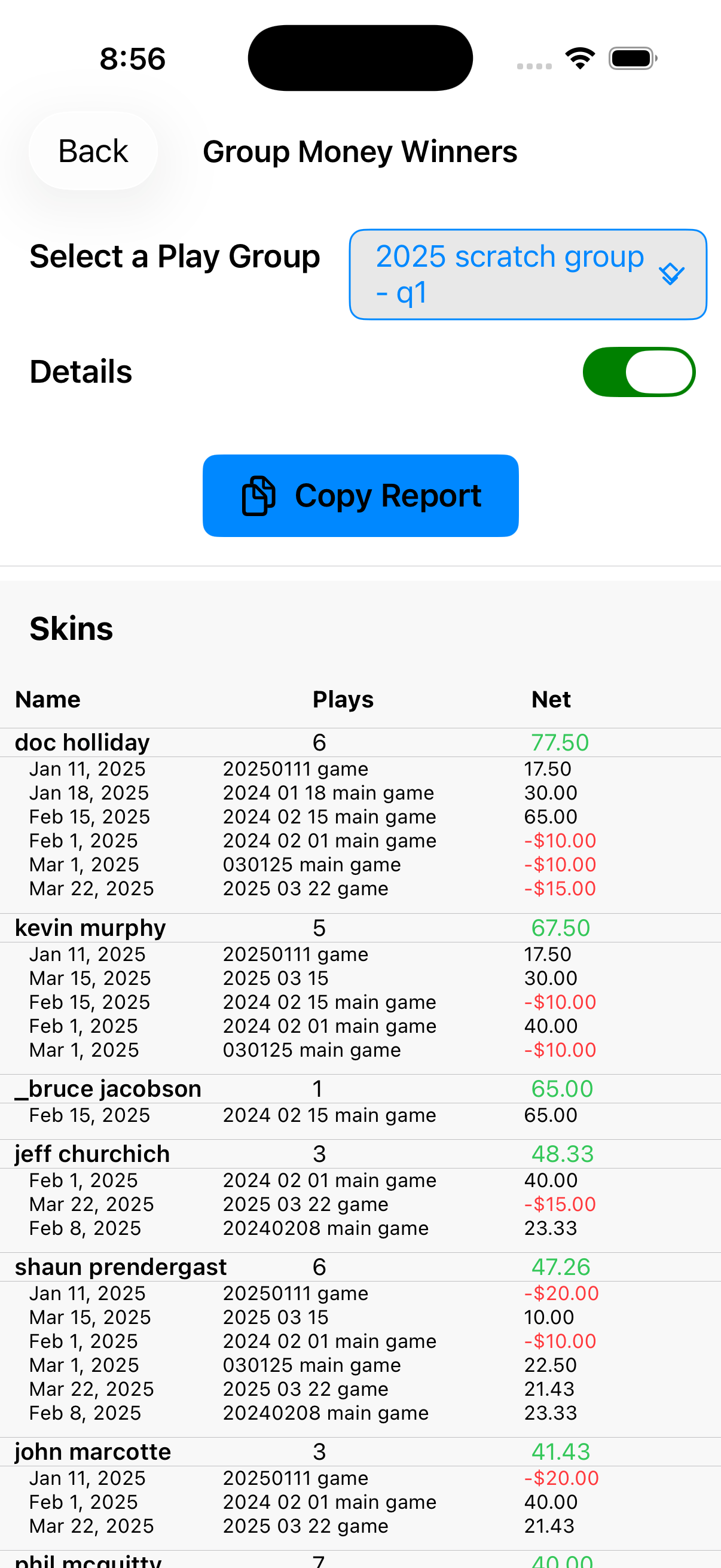 ReadiGolf detailed group money winners report with player totals and play history breakdowns