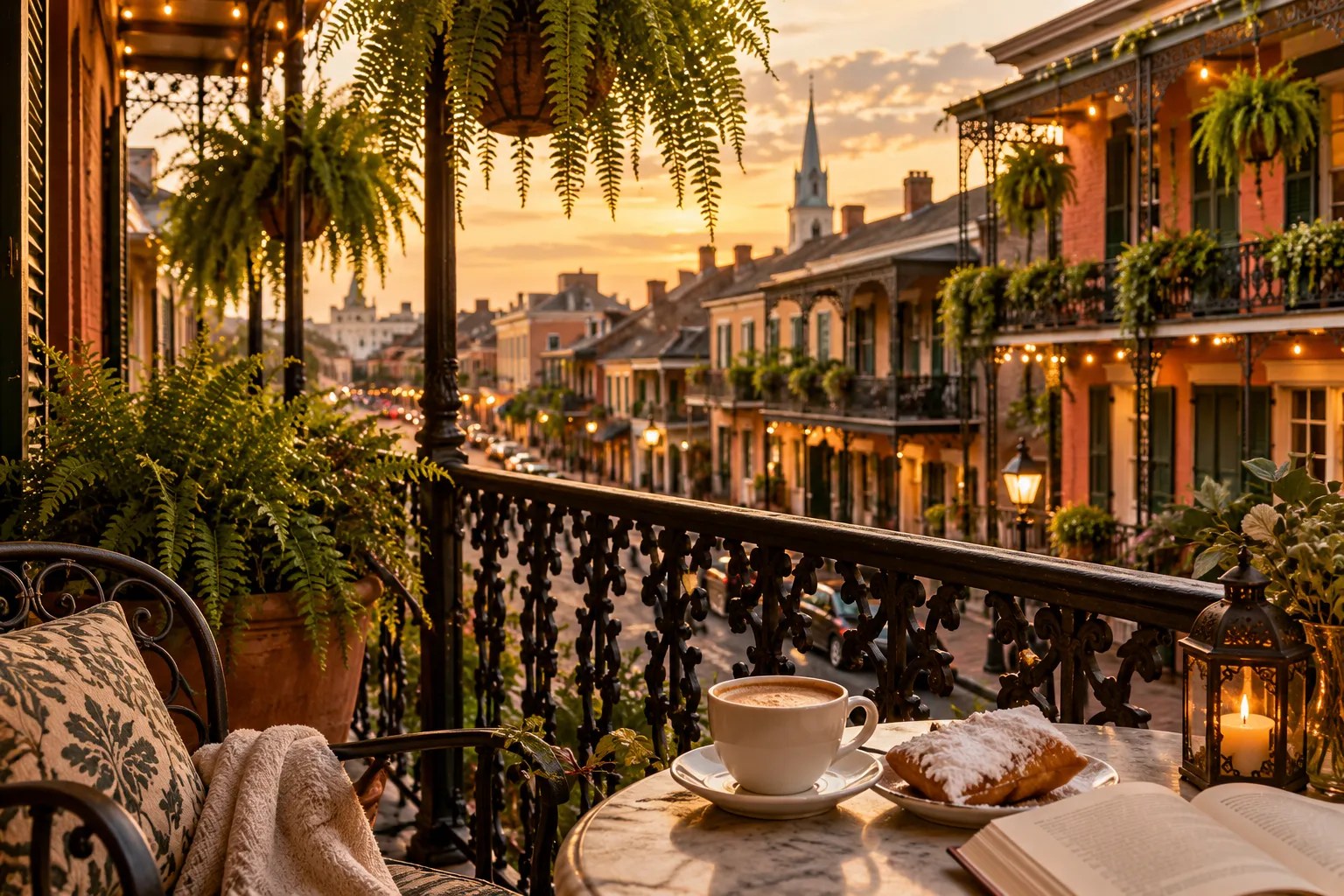 A weekend in New Orleans — French Quarter balcony with café au lait and beignets slow travel guide on Reads & Whispers