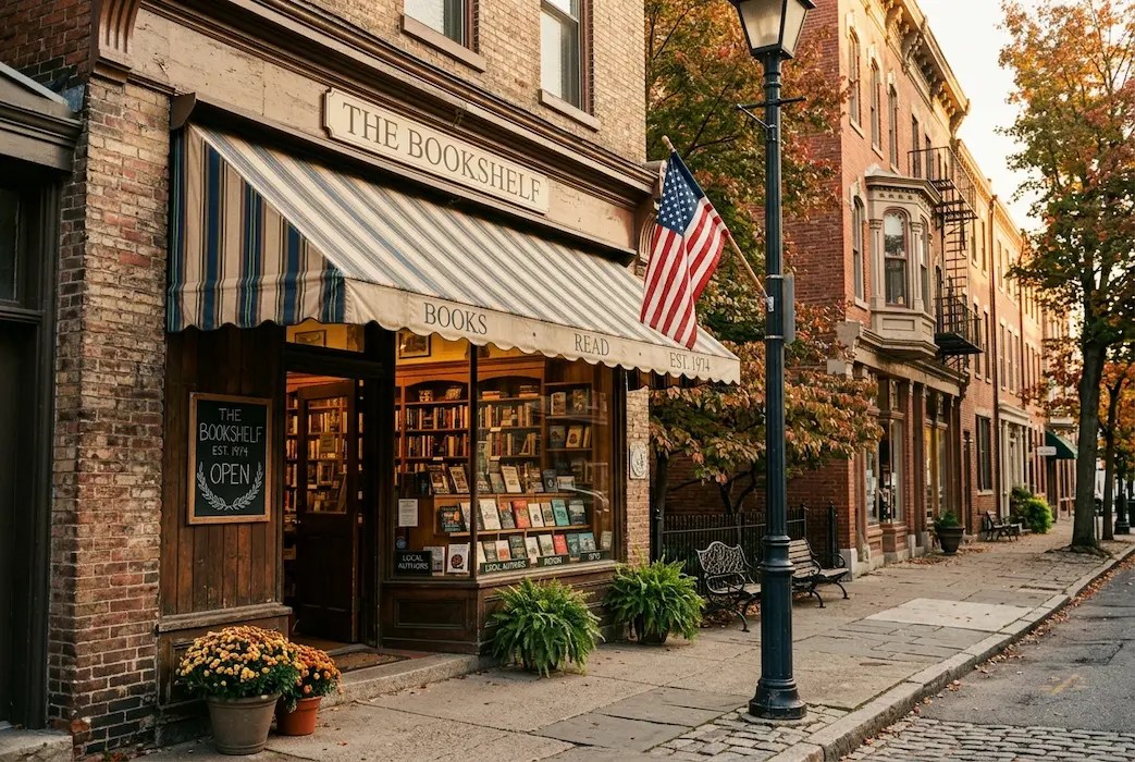 The exterior of a charming independent bookstore called "The Bookshelf" with a striped awning, an American flag, and autumn trees lining a historic brick street — 8 US cities every book lover should visit, Reads & Whispers.