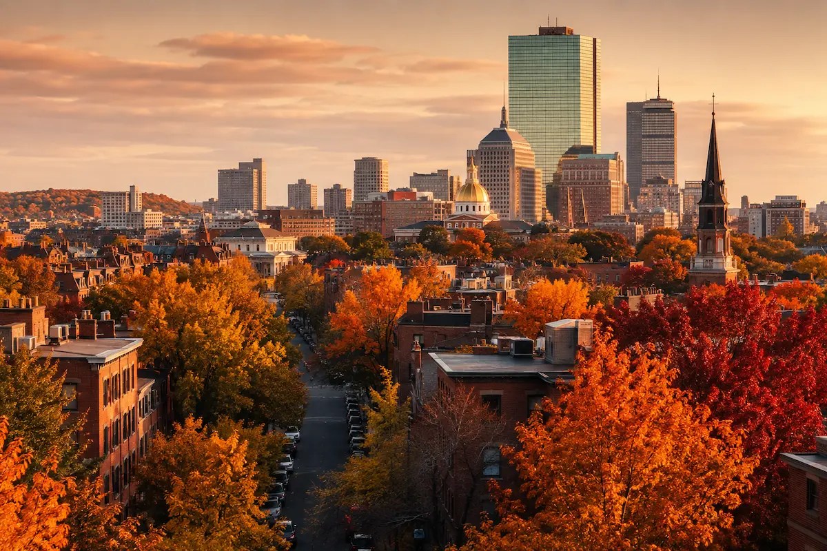 A wide, warm autumn cityscape photograph taken from an elevated viewpoint: a mix of tree-lined streets and rooftops glowing in shades of deep orange