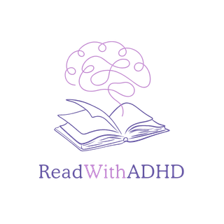 The ReadWithADHD Logo - a purple line art book with line art of a light purple brain floating out of the pages.