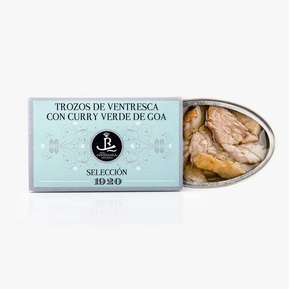 Trozos de ventresca de Atún claro en Aceite de Oliva con Curry – Selección 1920