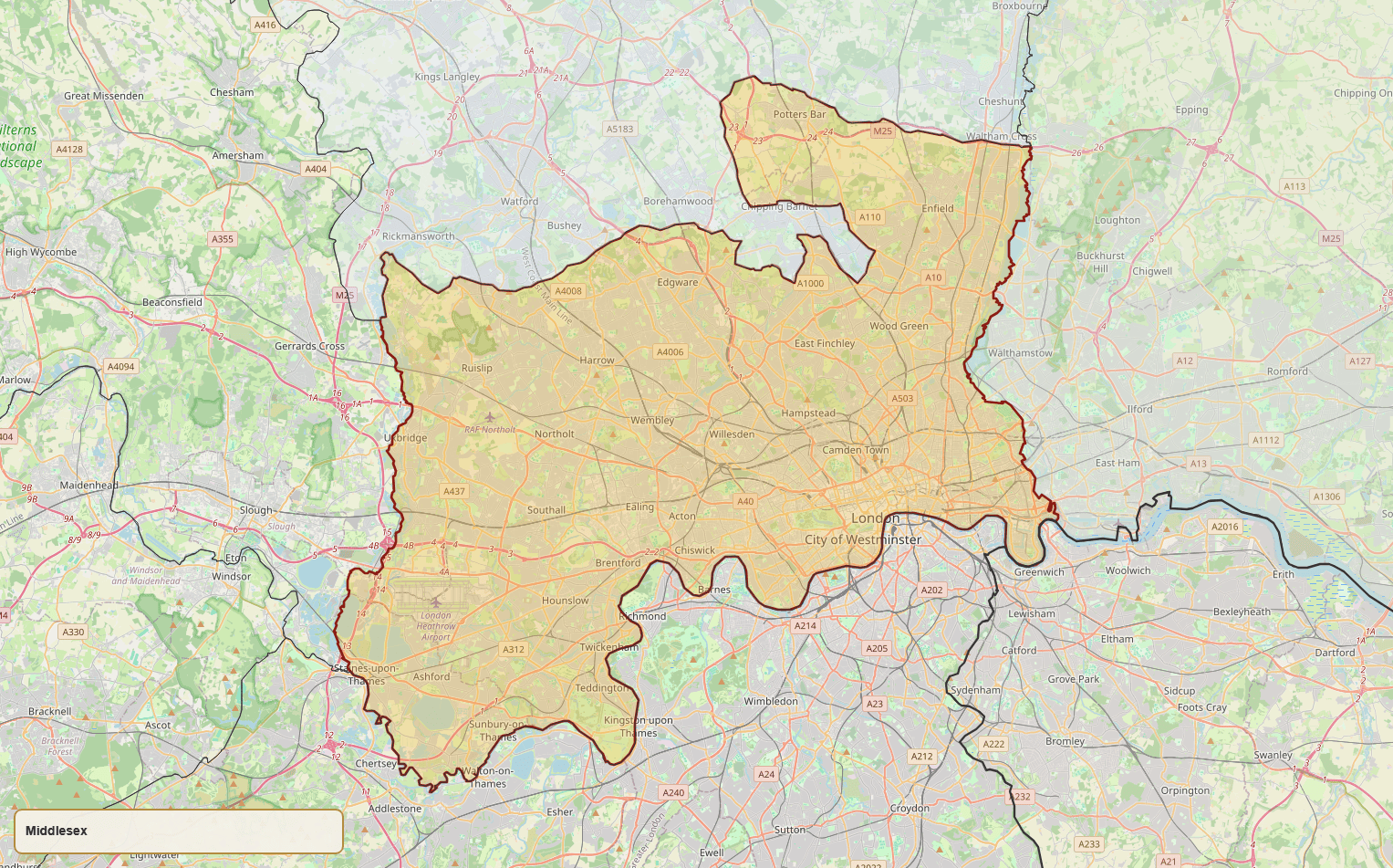 Map of the County of Middlesex.