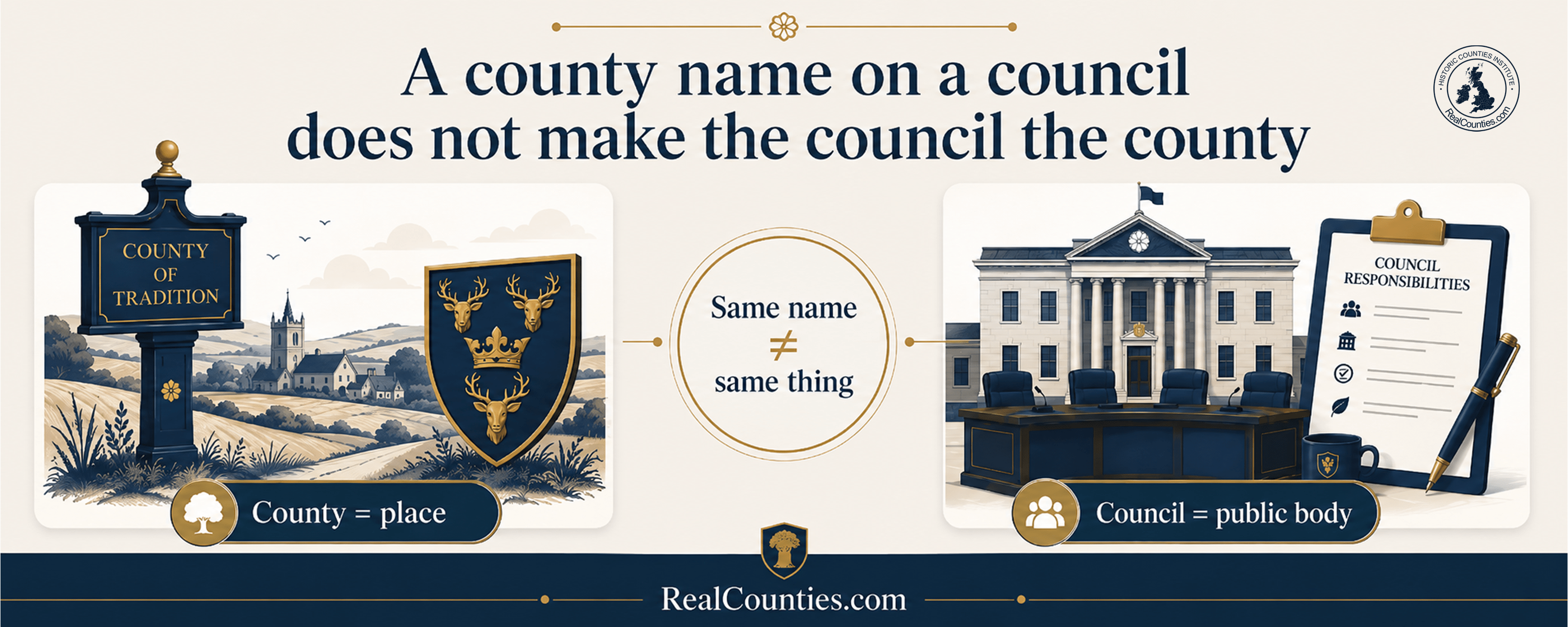 infographic explaining that a county name on a council does not make the council the county.