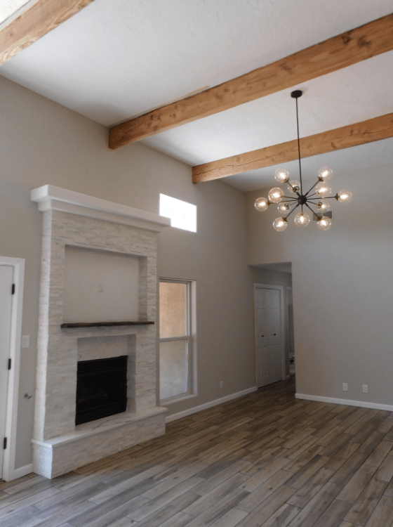 New tile, paint, and ceiling beams