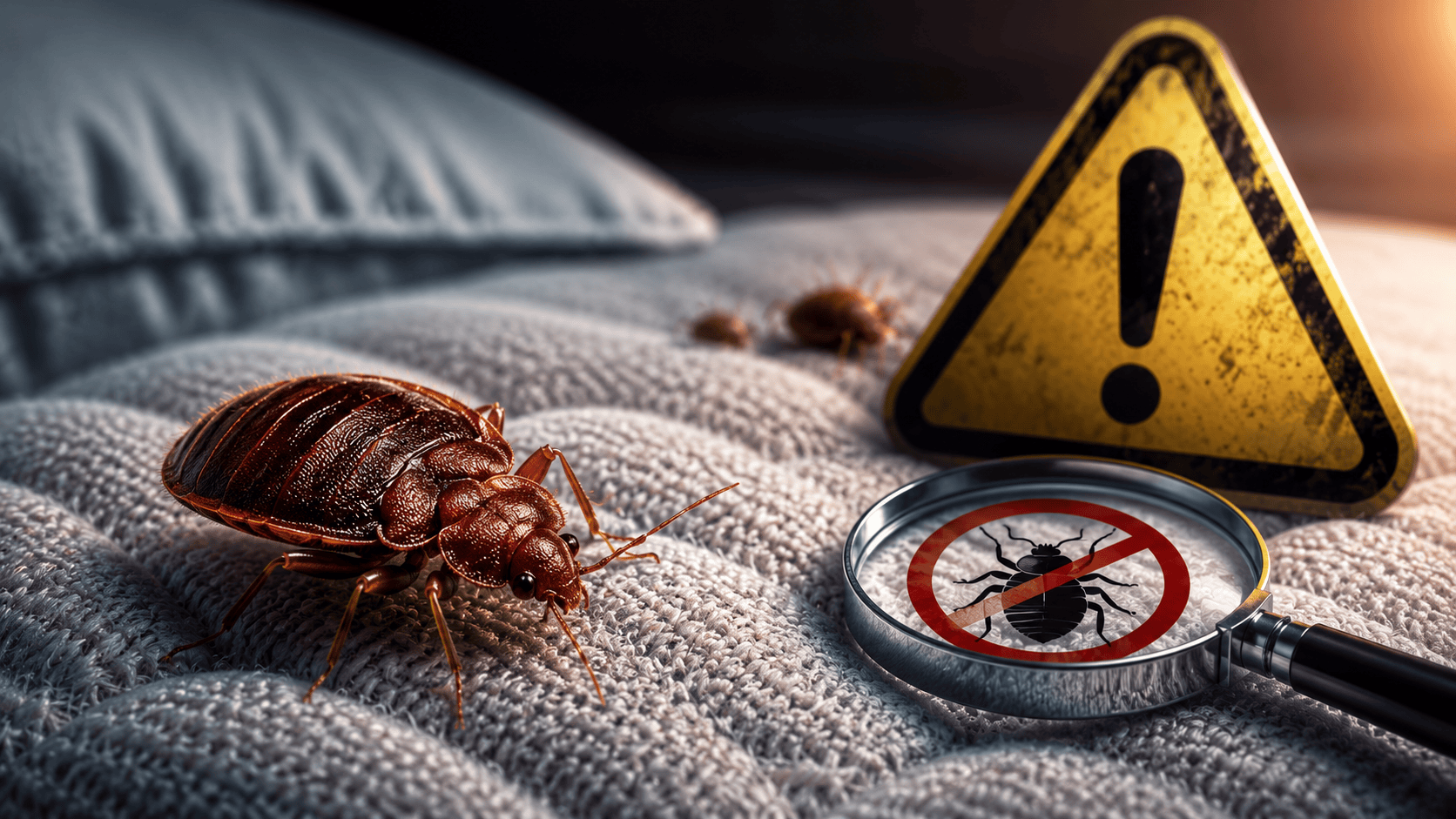 صورة مقرّبة لبقّ الفراش على فراش مع عدسة مكبرة وإشارة تحذير، في إشارة إلى مقاومة بقّ الفراش للمبيدات الحشرية.