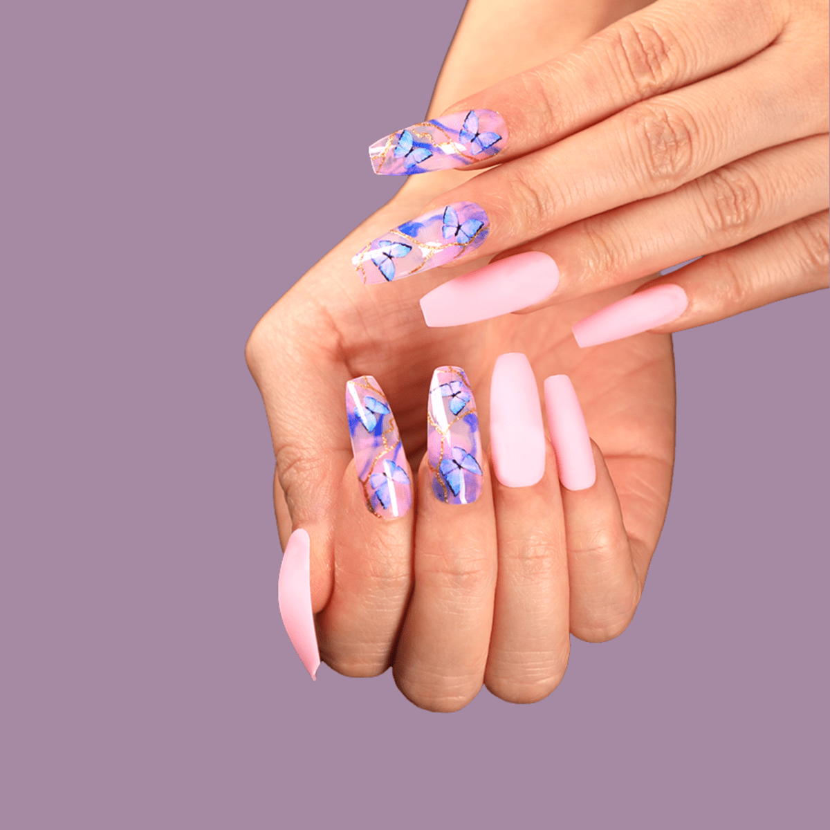 picture Pink Butterfly Acrylic Nails Coffin butterfly press on nails cash back