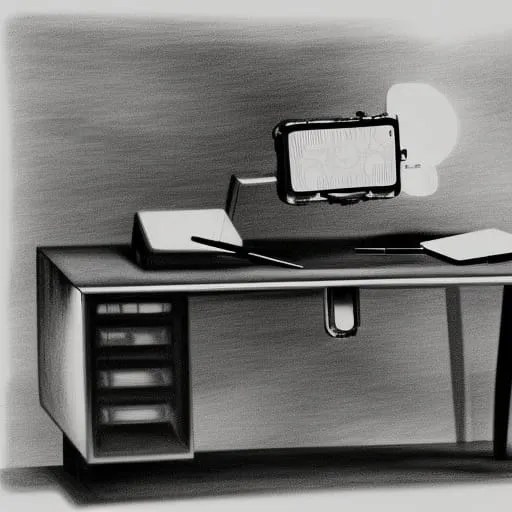 A black and white sketch of a desk.