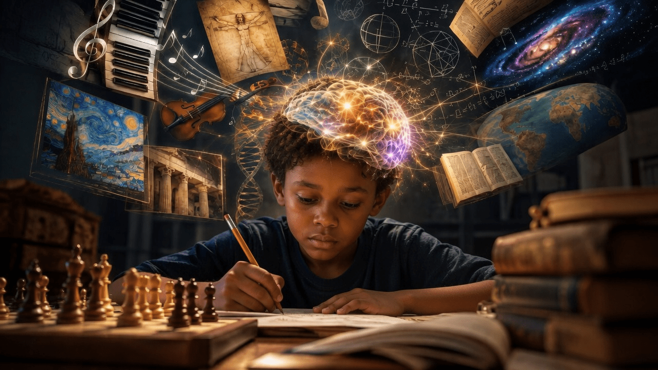 Young boy writes at a desk as a glowing brain and floating symbols of science, art, and space surround him.