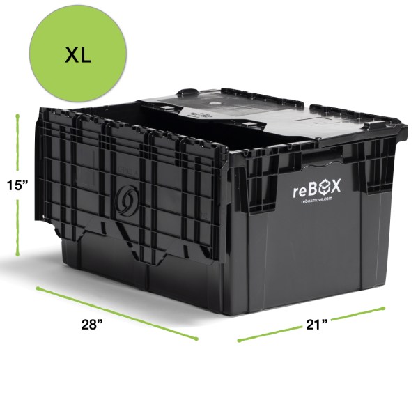 XL reBOX showing dimensions of 28 inches by 21 inches by 15 inches