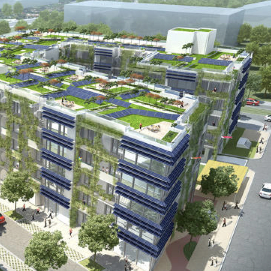 sustainable apartment complex with solar and greenspace