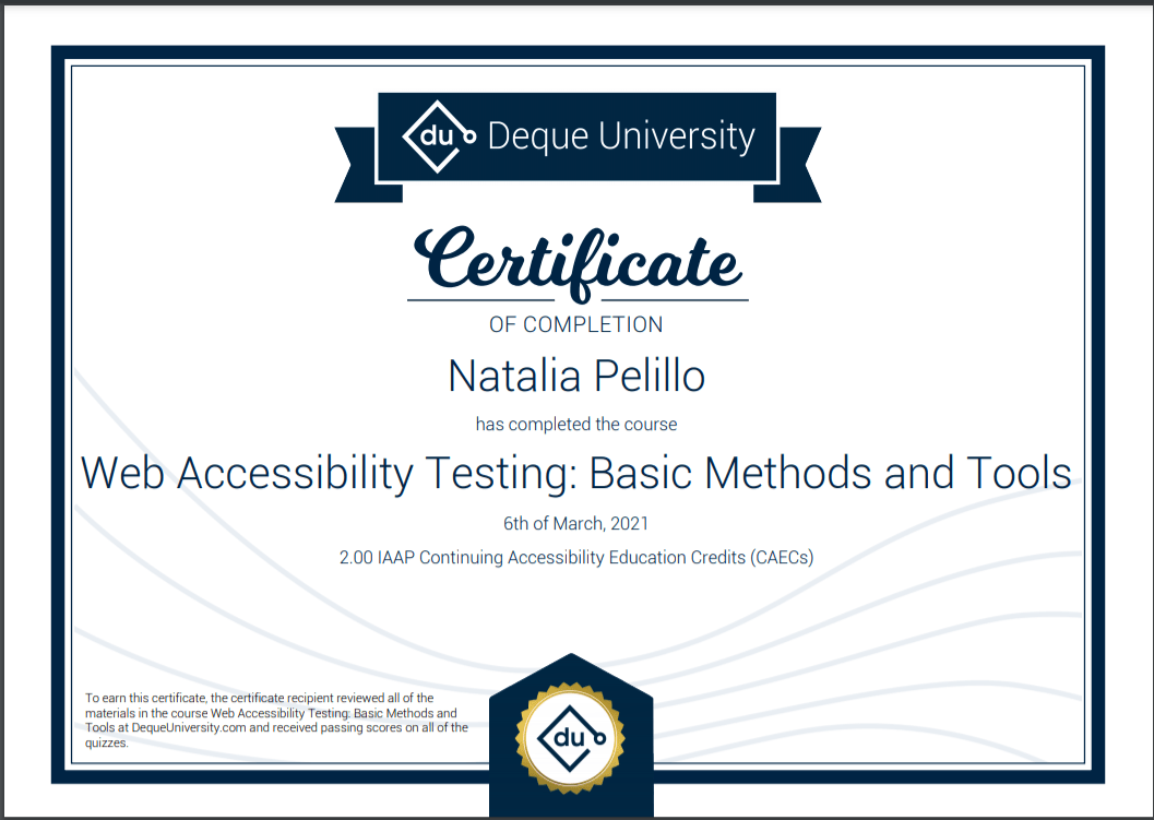 Certificado del curso Metódos Básicos de Testing y Herramientas para accesibilidad web de Deque University