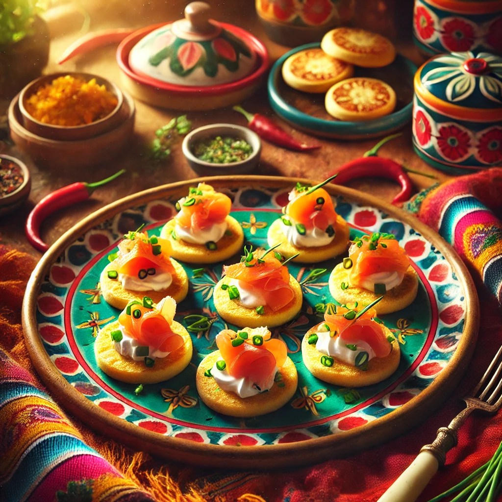 Bieslookblini's met een romige laag crème fraîche, een plakje gerookte zalm en een vleugje verse bieslook, elegant geserveerd op een kleurrijk Mexicaans keramieken bord. De achtergrond straalt een warme, feestelijke sfeer uit met levendige tafelkleden, rustieke houten accenten en decoratieve chilipepers.