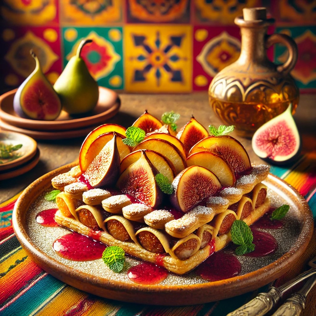 Een verfijnd vijgentaartje, bestaande uit knapperige laagjes bladerdeeg, gekarameliseerde vijgenschijfjes en gepocheerde peer, elegant gepresenteerd op een rustiek keramisch bord. Het dessert is bestrooid met poedersuiker, gedecoreerd met een frambozenpuree en afgewerkt met verse vijgen en een takje munt. De warme achtergrond straalt een uitnodigende sfeer uit met levendige kleuren en subtiele decoratieve patronen. 🍐🍓✨