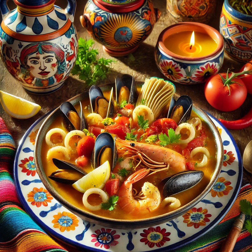 Catalaanse vissoep met mosselen, inktvis, visfilet, garnalen, paprika en tomaten, geserveerd in een kleurrijke schaal en gegarneerd met verse kruiden en een schijfje citroen.