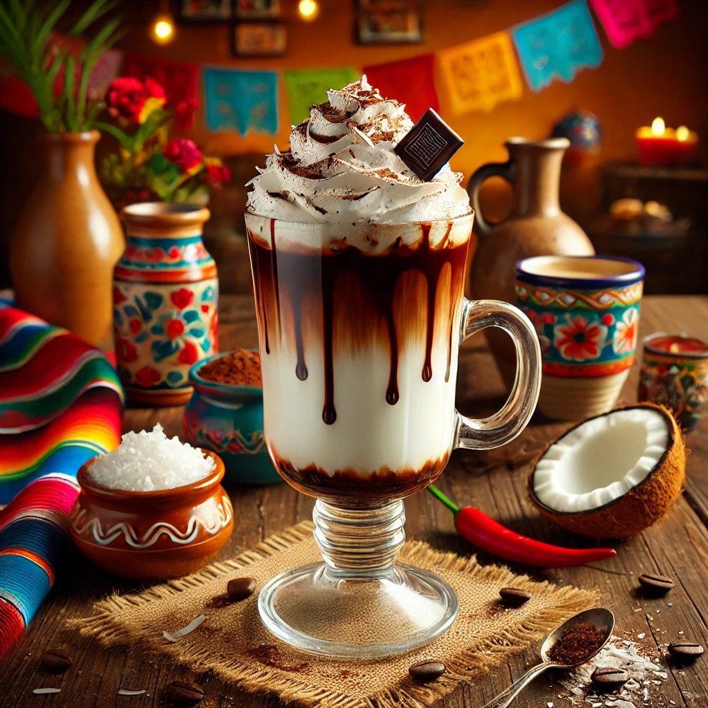 Choco-kokos latte macchiato geserveerd in een hoog, elegant glas, met lagen romige kokosmelk, rijke chocoladesiroop en sterke espresso. Afgetopt met een toef slagroom, chocoladesaus, geraspte kokos en een chocoladestukje. De achtergrond straalt een vrolijke Mexicaanse sfeer uit met kleurrijke tafelkleden, rustieke houten accenten en traditionele keramieken details.
