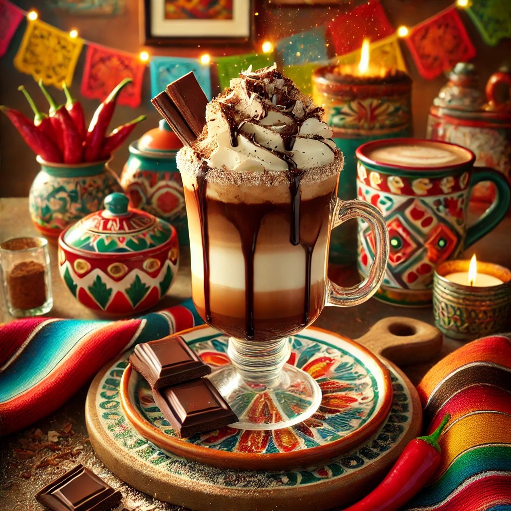 Romige chocolade-kokos mokka latte geserveerd in een elegant glas, afgetopt met een royale toef slagroom, chocoladesaus, geraspte kokos en een chocoladeschilfer. De achtergrond straalt een warme Mexicaanse sfeer uit met kleurrijke tafelkleden, rustieke houten accenten en traditionele keramieken details.