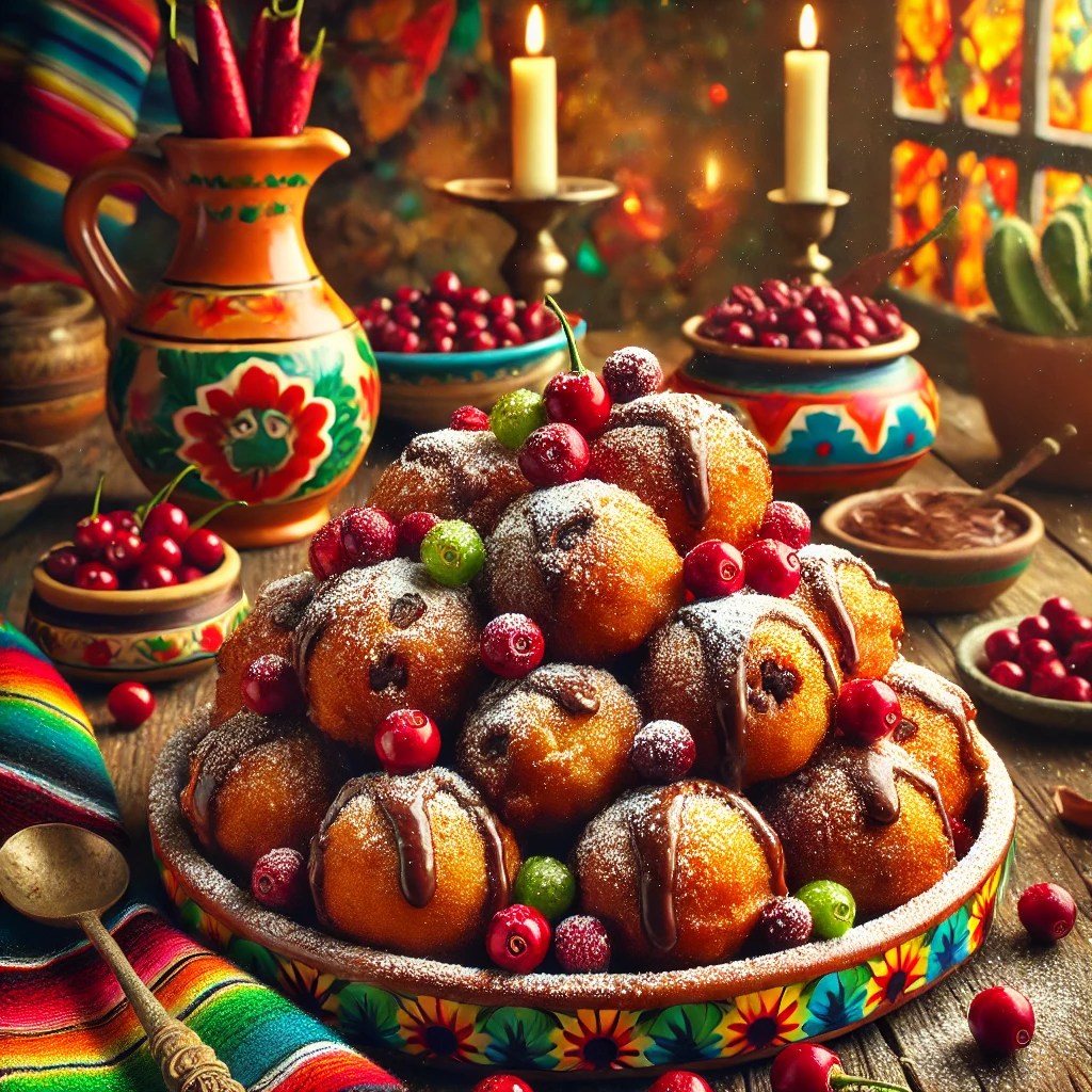 Chocolade oliebollen met stukjes gesmolten chocolade en sappige cranberry's, bestrooid met poedersuiker en geserveerd op een kleurrijk Mexicaans keramieken bord. De achtergrond straalt een warme, feestelijke sfeer uit met levendige tafelkleden, rustieke houten accenten en traditionele keramische details.