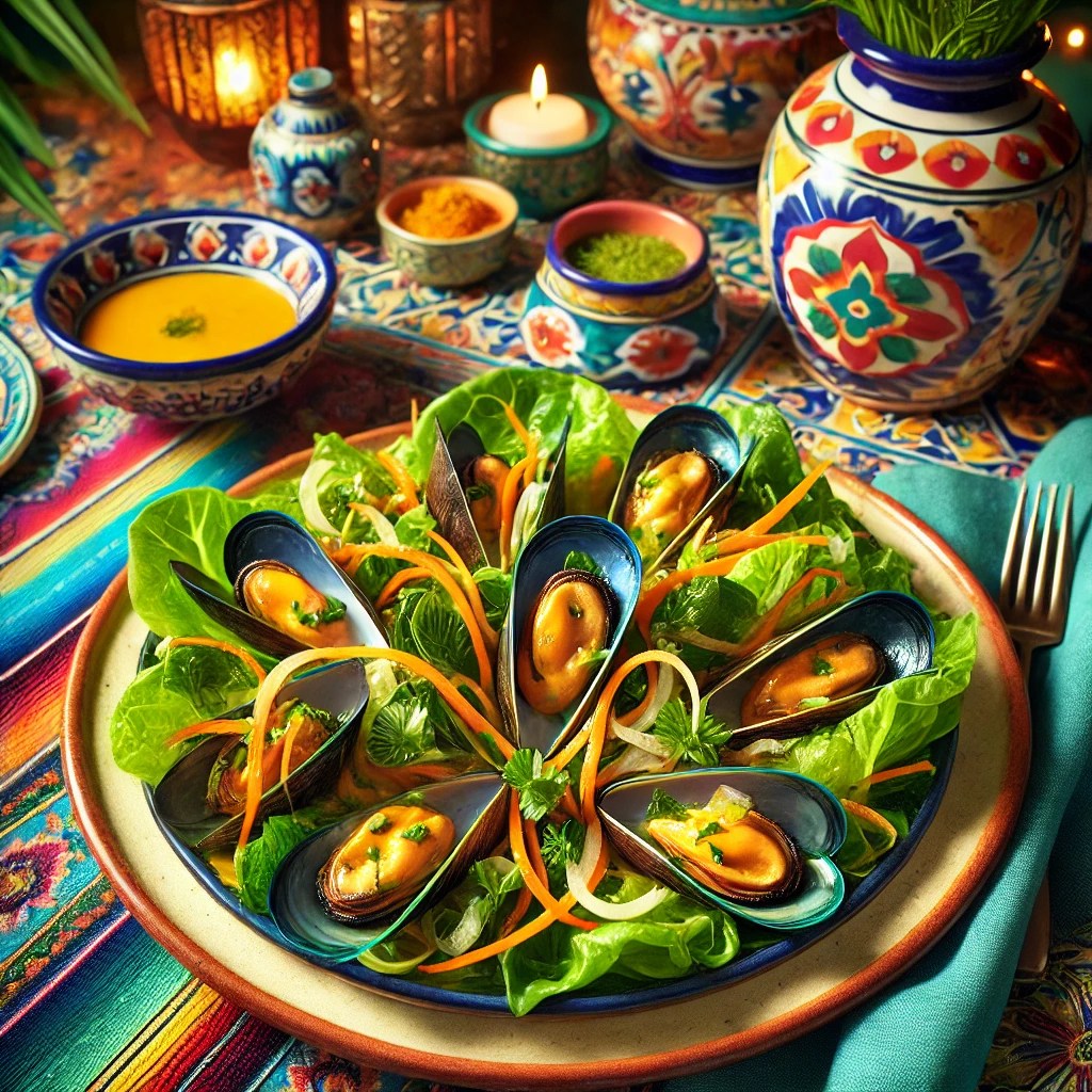 Frisse mosselsalade met groenten en curry dressing, geserveerd op een kleurrijke schaal, met plukjes sla, wortelreepjes en verse kruiden als garnering.