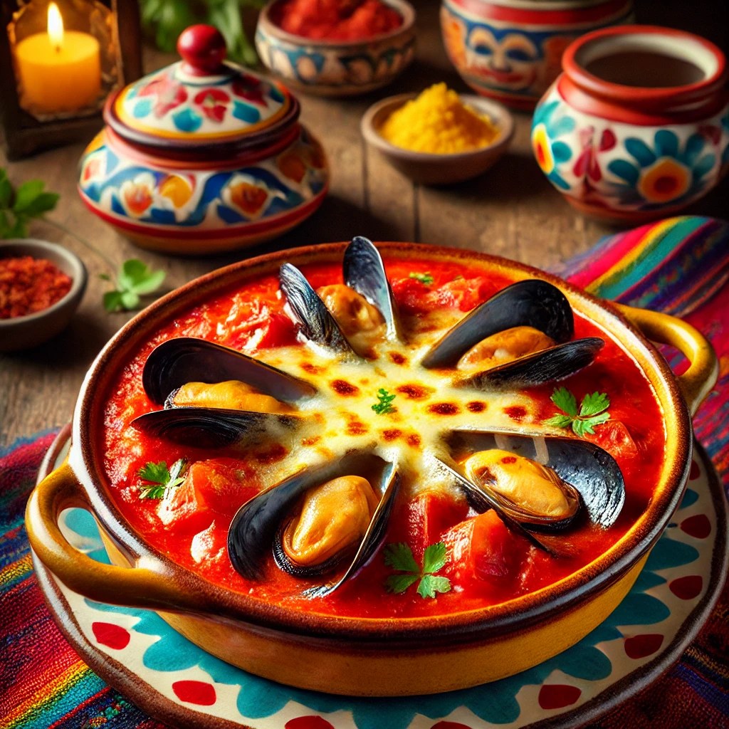 Gegratineerde mossel-tomatensoep, geserveerd in een kleurrijke schaal, met een rijke tomatenbasis, mosselen, paprika en een goudbruine gesmolten kaaslaag.