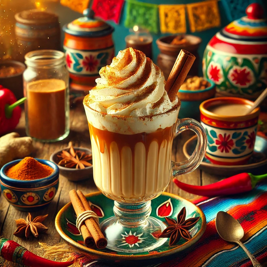 Romige gember-kaneel winterkoffie geserveerd in een elegant glas, afgetopt met slagroom, een vleugje kaneelpoeder, een kaneelstokje en een stukje gekonfijte gember. De warme drank staat tegen een sfeervolle Mexicaanse achtergrond met kleurrijke tafelkleden, rustieke houten accenten en traditionele keramieken mokken.