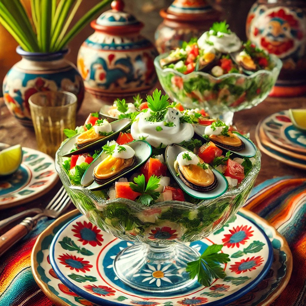Groene Lagune mosselcocktail, geserveerd in glazen schaaltjes, met romige saus, tomaat, paprika, schijfjes ei en gehakte peterselie, op een kleurrijke schaal.