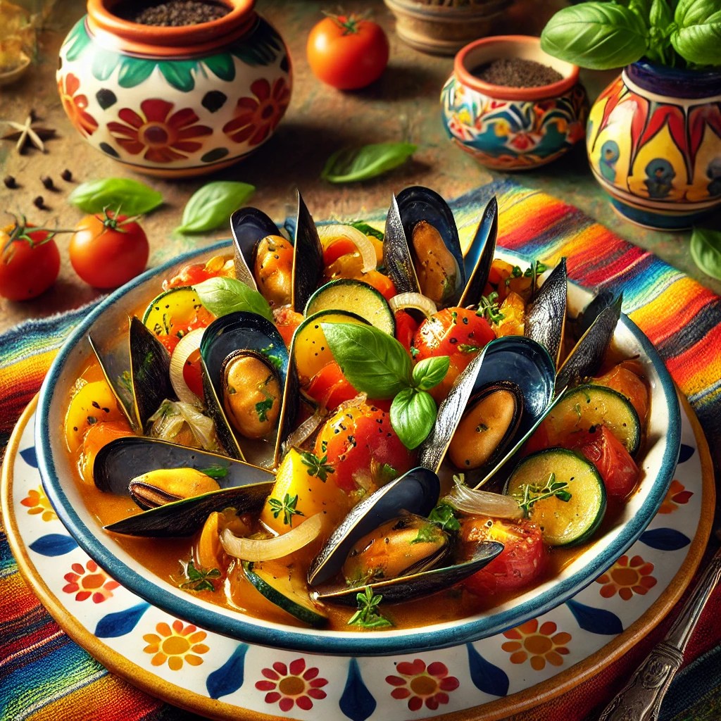 Italiaanse mosselen met groentestoofpot, geserveerd in een kleurrijke schaal, met aardappelen, courgette, tomaten en uien, gegarneerd met verse basilicum.