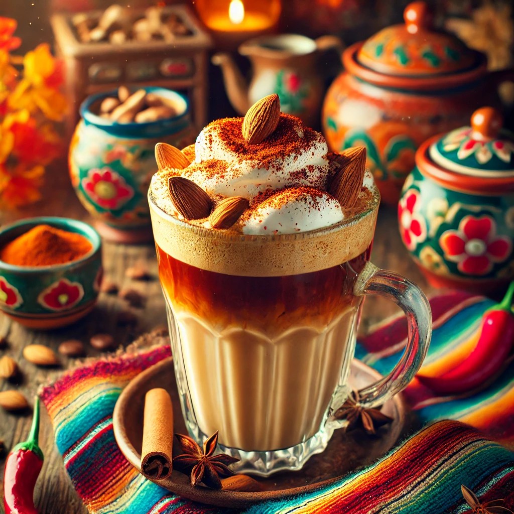 Kruidige herfstkoffie geserveerd in een elegant glas, met lagen amandelsiroop, romig melkschuim met cacaopoeder en rijke espresso. Afgetopt met een vleugje chilipoeder en cacaopoeder. De achtergrond straalt een warme Mexicaanse sfeer uit met kleurrijke tafelkleden, rustieke houten accenten en traditionele keramieken details.