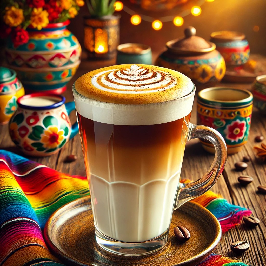 Romige latte macchiato geserveerd in een hoog glas, met perfect gelaagde espresso, gestoomde melk en romig melkschuim. Afgetopt met een vleugje cacaopoeder en een koffieboon. De achtergrond straalt een warme Mexicaanse sfeer uit met kleurrijke tafelkleden, rustieke houten accenten en traditionele keramische details.