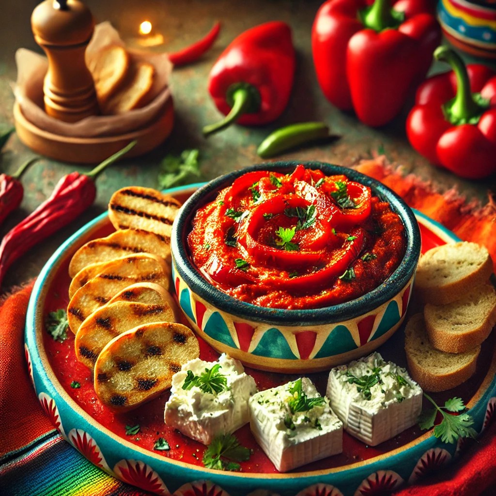 Pittige paprikaspread met romige geitenkaas, geserveerd in een rustieke kom en gegarneerd met verse kruiden. Naast de kom liggen knapperige toastjes voor het dippen. De presentatie is op een kleurrijk Mexicaans keramieken bord, tegen een feestelijke achtergrond met levendige tafelkleden, houten accenten en decoratieve chilipepers.