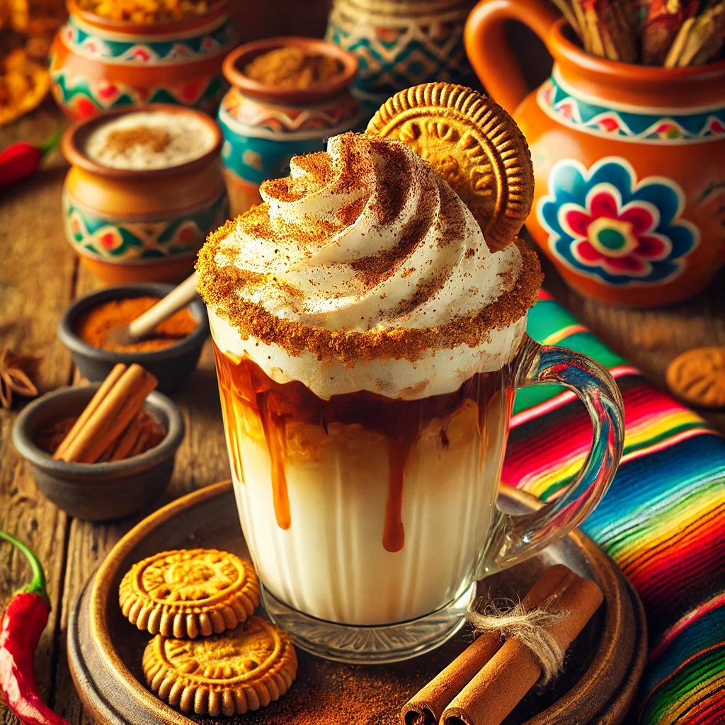 Speculoos Cinnamon Latte geserveerd in een elegant glas, met lagen romige melk, rijke espresso en speculoossiroop. Afgetopt met een royale toef slagroom, een vleugje kaneel, verkruimelde speculooskoekjes en een speculooskoekje als garnering. De achtergrond straalt een warme Mexicaanse sfeer uit met kleurrijke tafelkleden, rustieke houten accenten en traditionele keramieken details.