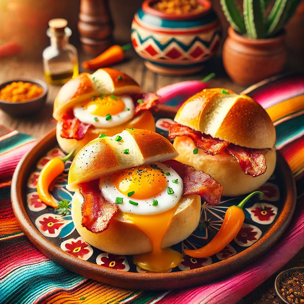 Goudbruine bacon-ei Emmentaler broodjes gevuld met romige gesmolten Emmentaler kaas, krokante baconreepjes en een perfect gegaard ei in het midden. Geserveerd op een kleurrijk Mexicaans keramieken bord, tegen een sfeervolle achtergrond met levendige tafelkleden, rustieke houten accenten en traditionele decoratieve details.