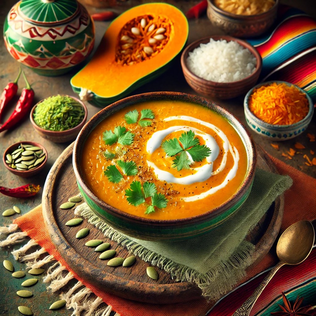 Kokos-pompoensoep geserveerd in een rustieke kom, met een romige gouden oranje kleur, naast een portie geurige groene pandanrijst. De soep is gegarneerd met een swirl van kokosroom, verse korianderblaadjes en geroosterde pompoenpitten. De achtergrond straalt een warme Mexicaanse sfeer uit met kleurrijke tafelkleden, rustieke houten accenten en traditionele keramische details.