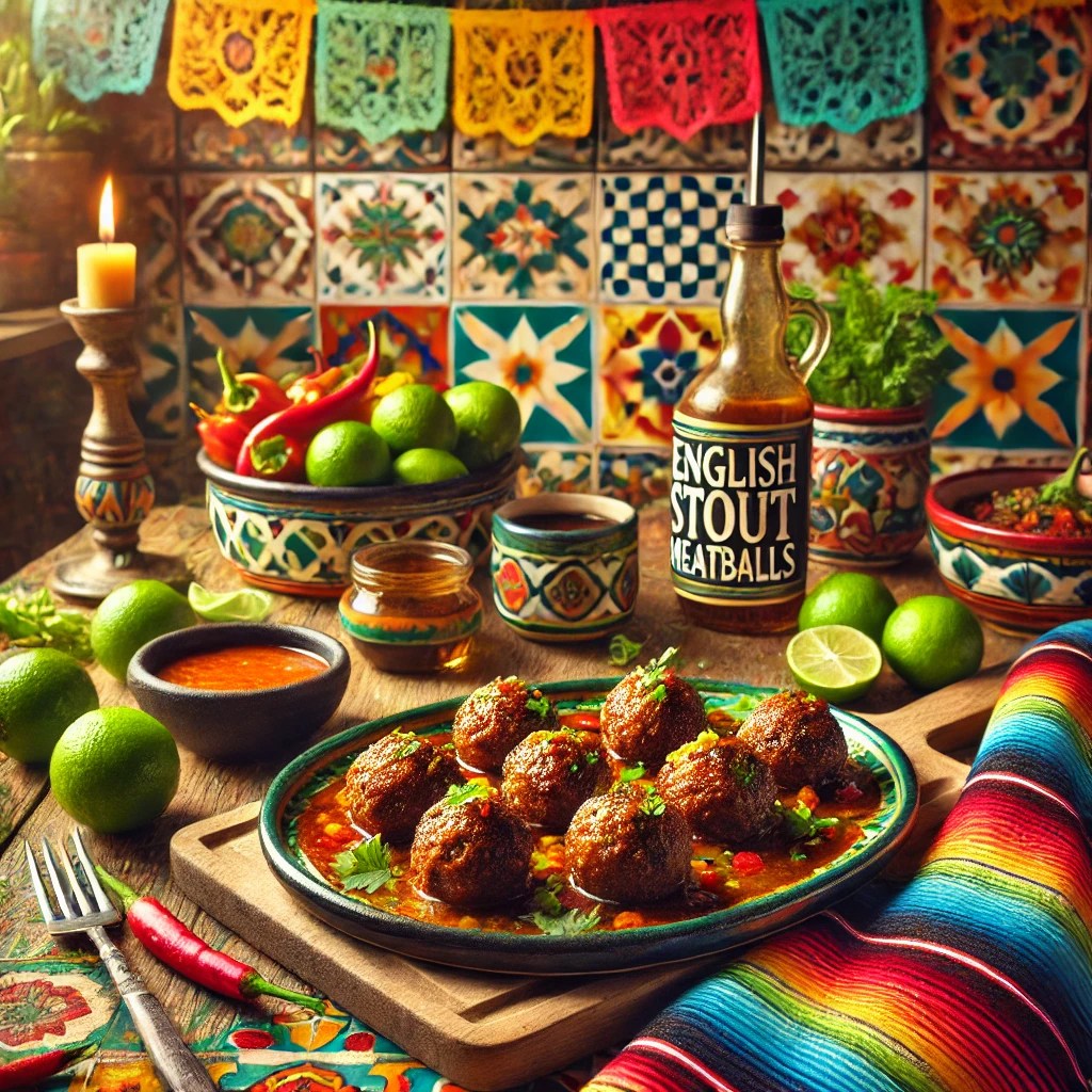 Engelse stout gehaktballen, goudbruin gebakken en geserveerd in een rijke stoutsaus, gepresenteerd op een kleurrijk Mexicaans keramisch bord, omringd door limoen, chilipepers en een schaaltje saus op een tafel met een traditioneel Mexicaans patroon tafelkleed in een warme Mexicaanse keuken met kleurrijke tegels en natuurlijke verlichting.