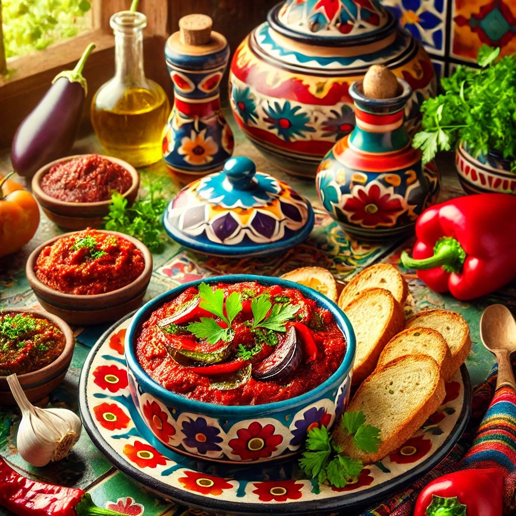 urkse Ajvar, een rijke paprika-auberginespread, gegarneerd met verse peterselie en geserveerd met sneetjes knapperig brood op een kleurrijk bord, omringd door geroosterde paprika's, knoflook en olijfolie.