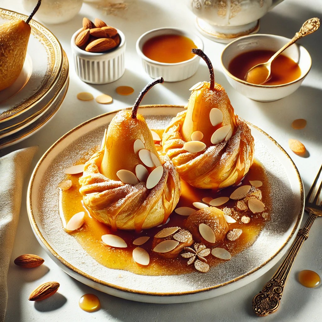 en luxueuze en elegante presentatie van amandelgevulde stoofperen in bladerdeeg, geserveerd als dessert. De peren zijn verpakt in goudkleurig, knapperig bladerdeeg, overgoten met karamelsaus en gegarneerd met geschaafde amandelen en poedersuiker. De setting bevat een wit dessertbord, een verfijnd tafelkleed, een klein schaaltje karamelsaus en een dessertvork, verlicht door helder natuurlijk licht om de feestelijke en indulgente uitstraling te benadrukken.