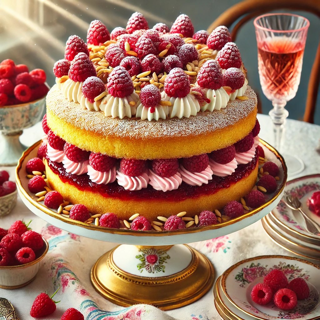 Een levendige en elegante presentatie van een Frambozen Victoria Sandwich, bestaande uit twee lagen gouden biscuit gevuld met frambozenjam, slagroom en verse frambozen. De bovenste laag is gegarneerd met pijnboompitten, poedersuiker en extra verse frambozen. De cake wordt getoond op een decoratieve taartschaal met een vintage tafelkleed, een klein schaaltje frambozen en een glas mousserende roséwijn, verlicht door helder natuurlijk licht om de feestelijke en uitnodigende uitstraling te benadrukken.