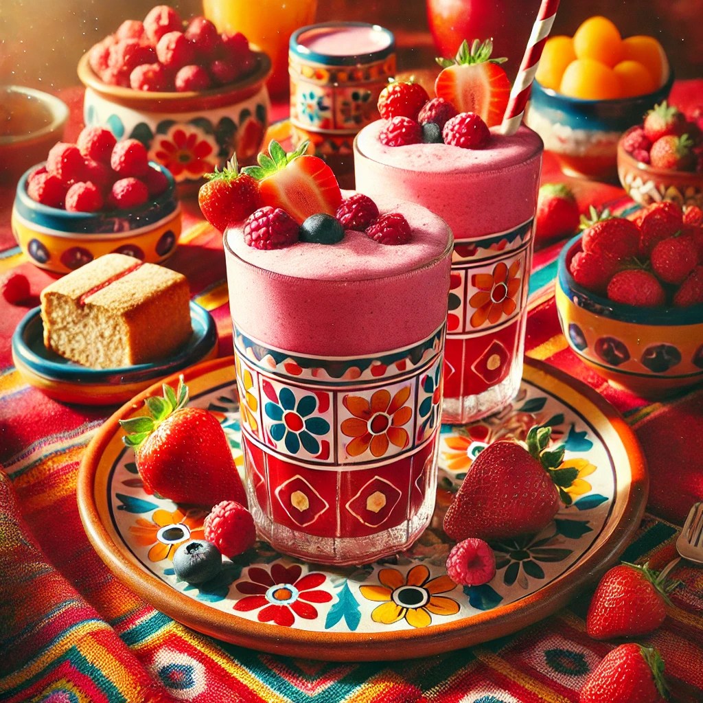 Fruitige roodfruitsmoothie met aardbeien en frambozen, geserveerd in twee hoge glazen met een schuimige bovenkant, gegarneerd met verse bessen, op een kleurrijk bord met Mexicaanse patronen, omringd door schaaltjes rood fruit, een sneetje brood en een decoratief rietje, op een felgekleurd tafelkleed.