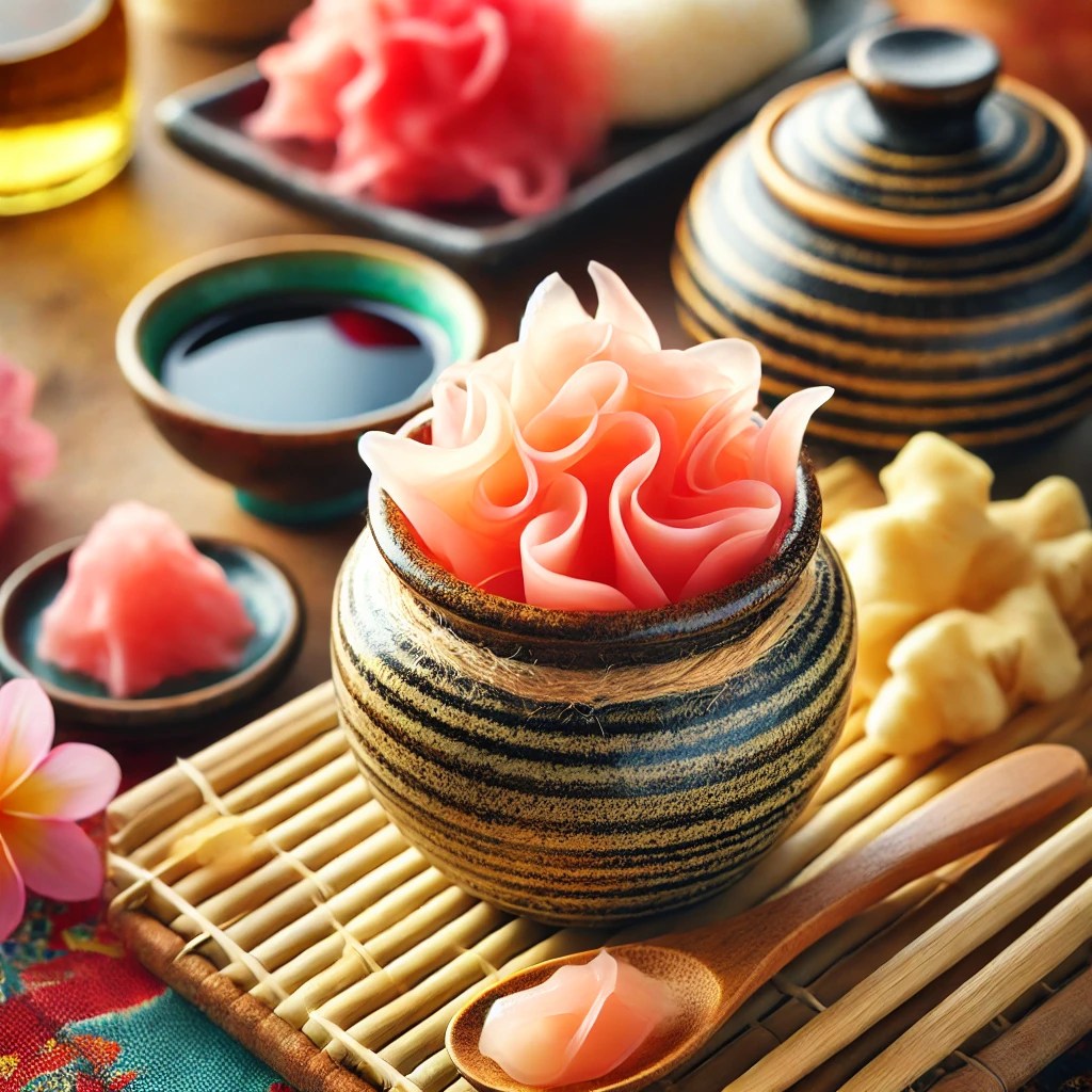 Een levendige en frisse presentatie van Japanse ingelegde gember, geserveerd in een klein rustiek potje. De dunne plakjes gember hebben een delicate roze tint en worden gepresenteerd met een houten lepeltje. Op de achtergrond staat een sushiplateau, een kleurrijk tafelkleed en een klein schaaltje sojasaus, verlicht door helder natuurlijk licht om de frisheid en elegante eenvoud van dit klassieke Japanse bijgerecht te benadrukken.