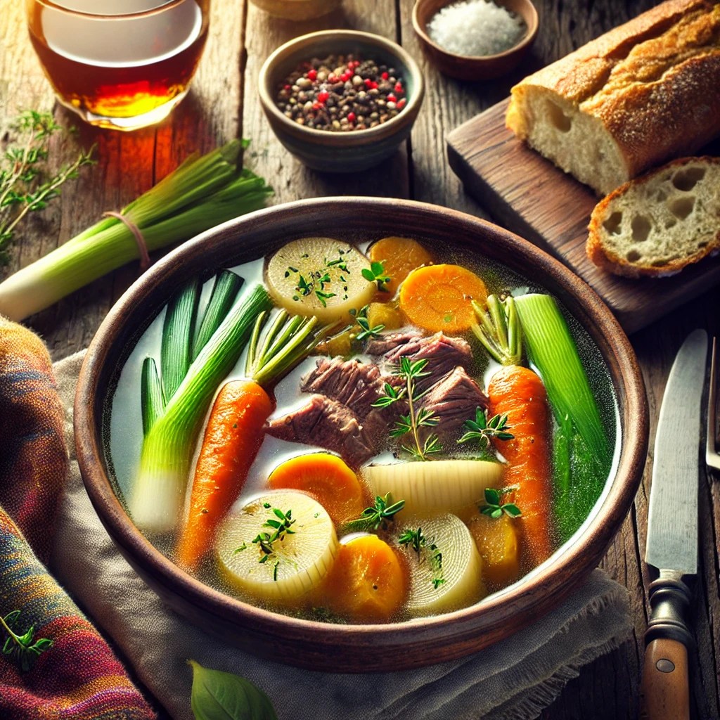Een warme en rustieke presentatie van eenvoudige Pot-au-Feu Bouillon, geserveerd in een rustieke kom. De heldere bouillon is vergezeld van malse stukjes vlees en kleurrijke groenten zoals wortelen, rapen en prei. De setting bevat een kleurrijk tafelkleed, een stuk knapperig Frans brood, een klein schaaltje met verse kruiden en een glas rode wijn, verlicht door helder natuurlijk licht om de troostende en traditionele uitstraling te benadrukken.