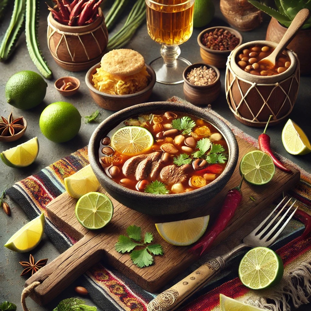 Een elegante presentatie van runder tong bouillon in een Mexicaanse stijl. De bouillon is helder en rijk van kleur, geserveerd in een rustieke kom met een paar stukjes zacht vlees. De setting bevat een kleurrijk Mexicaans tafelkleed, limoenpartjes, verse kruiden zoals laurier en foelie, en een glas rode wijn, verlicht door helder natuurlijk licht dat de levendige en uitnodigende uitstraling benadrukt.