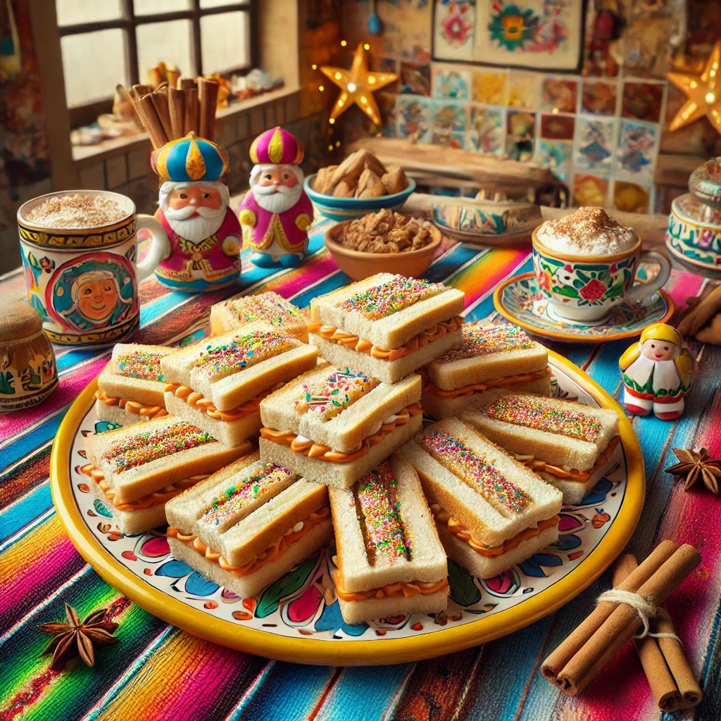 Sinterklaas boterhammen met speculoospasta, hagelslag en kruidnoten, netjes gesneden en gepresenteerd op een kleurrijk bord, met feestelijke decoraties zoals kaneelstokjes en een kop warme chocolademelk.