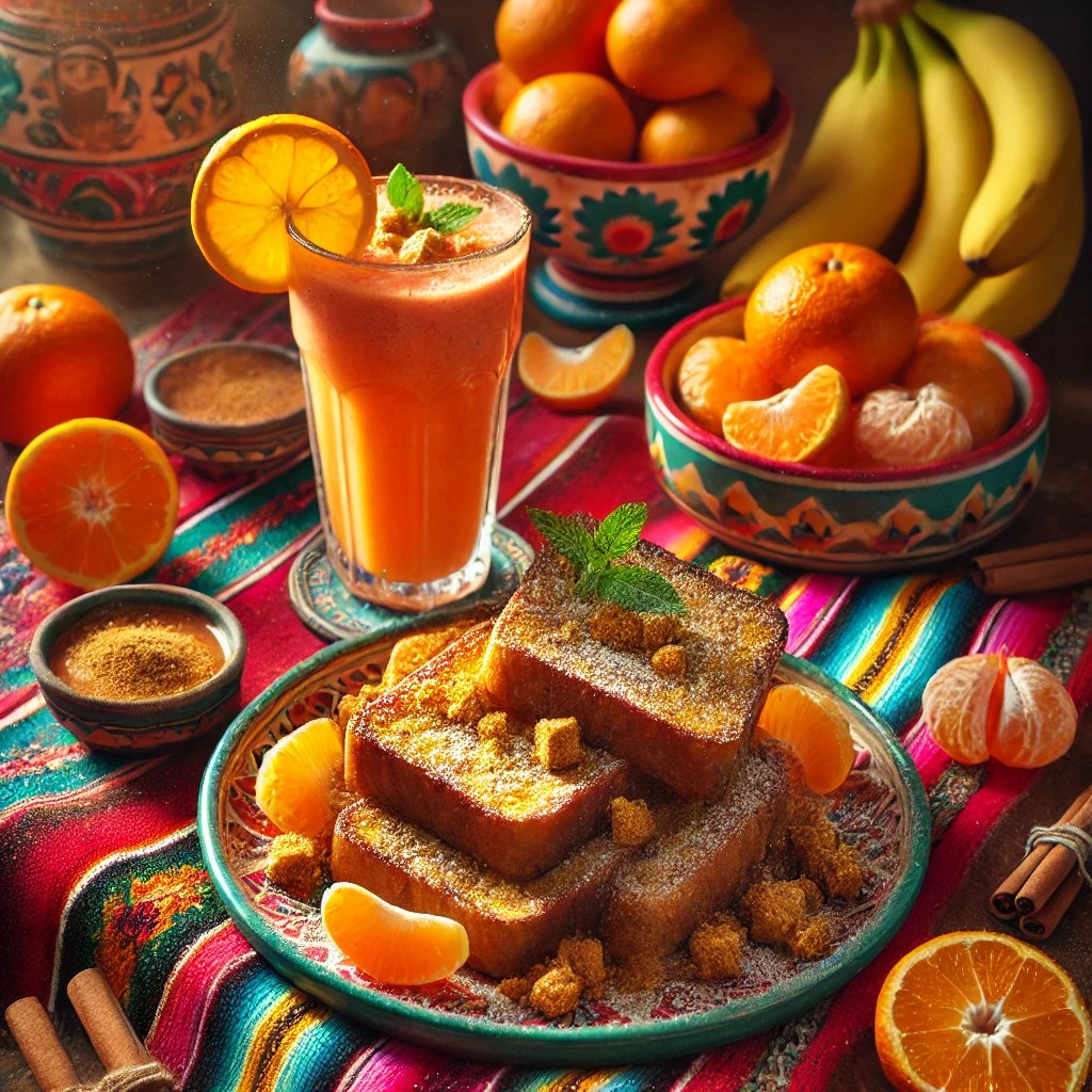 Een kleurrijke Mexicaanse ontbijtopstelling met speculaas-wentelteefjes, bestrooid met speculaaskruimels en poedersuiker, geserveerd op een bord met Mexicaanse patronen, naast een glas mandarijn-banaan smoothie, gegarneerd met een mandarijnpartje en munt, op een felgekleurd geweven tafelkleed, omringd door verse mandarijnen, bananen en kaneelstokjes.