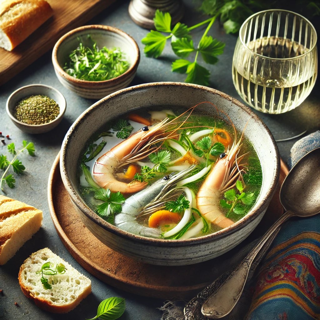 Een verfijnde en elegante scène met verfijnde visbouillon, geserveerd in een rustieke kom. De heldere bouillon is gegarneerd met verse kruiden, dun gesneden groenten en delicate stukjes zeevruchten. De setting bevat een kleurrijk tafelkleed, een klein schaaltje met kruiden, een stuk knapperig brood en een glas witte wijn, verlicht door helder natuurlijk licht om de frisse en verfijnde uitstraling te benadrukken.