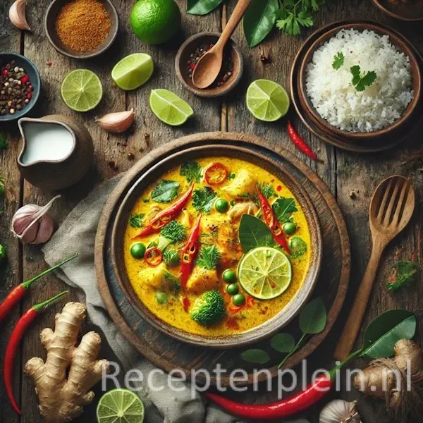 Thaise kokoscurry geserveerd in een rustieke schaal op houten tafel, met zichtbare limoenblaadjes, rode chilipeper en verse koriander. Omringd door ingrediënten zoals limoen, kokosmelk, knoflook en gember, met een kommetje rijst ernaast.