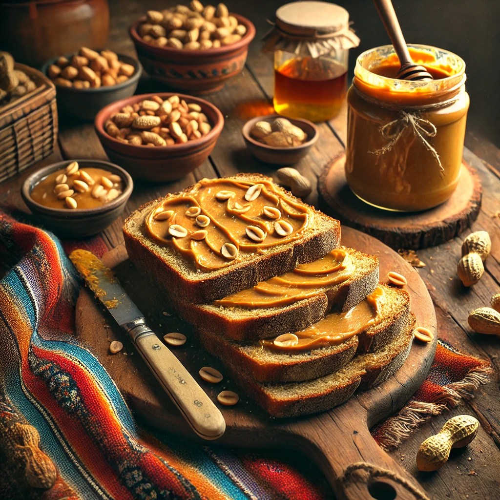 Ambachtelijke pindakaas, royaal gesmeerd op stevige boterhammen van boerenbruin brood, gegarneerd met stukjes pinda, geserveerd op een houten plank met een pot pindakaas, een schaaltje pinda’s en een druppel honing, geplaatst op een kleurrijk Mexicaans tafelkleed in aardetinten.