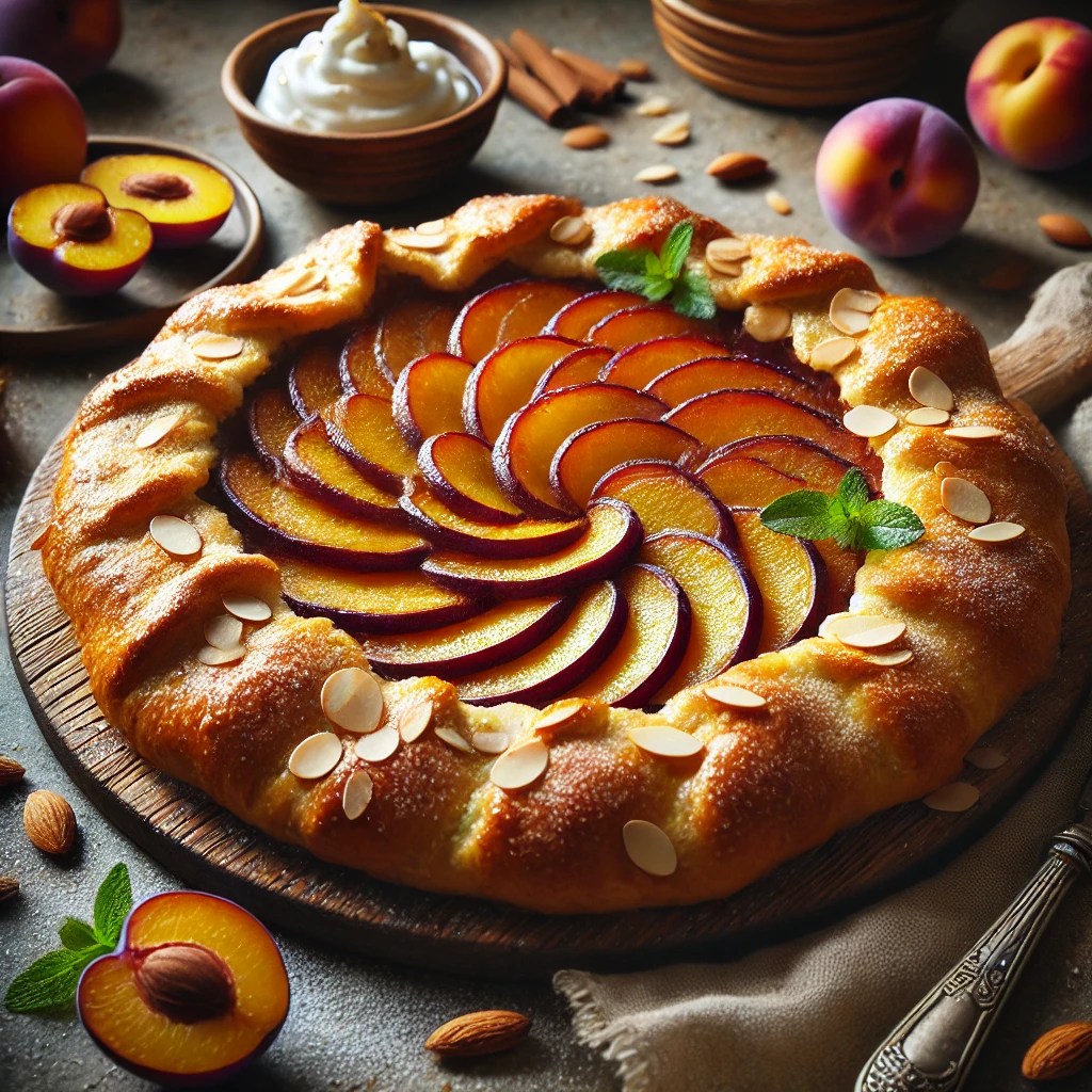 Amandel-pruimengalette met een goudbruine, gevouwen korst, gevuld met plakjes pruim in een spiraalpatroon en een laagje amandelroom, gegarneerd met amandelschaafsel en suiker, geserveerd op een houten plank met slagroom en munt.