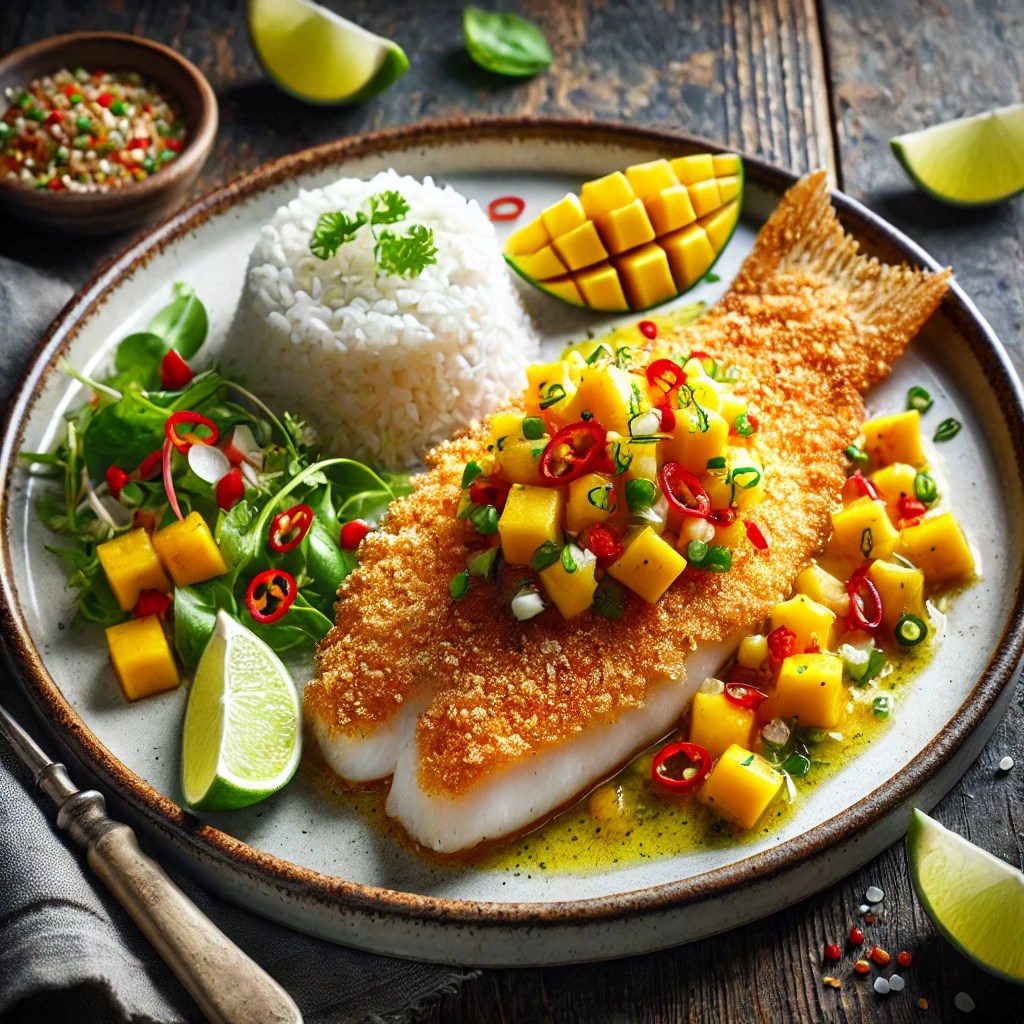 Gegrilde tilapiafilet met een krokante amandelkorst, geserveerd met een frisse mangosalsa van blokjes mango, rode peper en bosui, op een wit bord met witte rijst en een groene salade, gepresenteerd op een donker rustieke houten tafel in zacht natuurlijk licht.