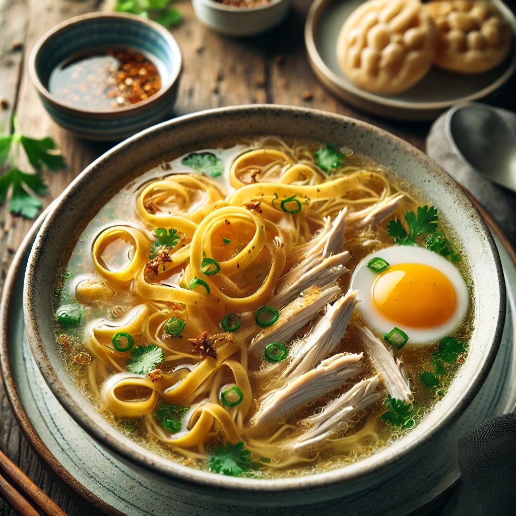 Authentieke Chinese kippensoep met zijdezachte eistrepen, gegarneerd met lente-ui en koriander, geserveerd met sojasaus en kroepoek op een rustieke houten tafel.