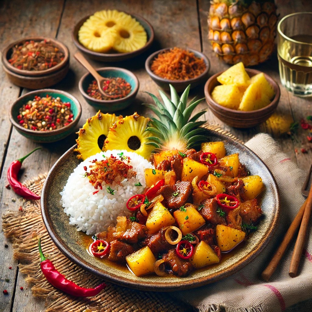 Babi Ketjap met exotische ananas, geserveerd met witte rijst, krokante gebakken uitjes, en paprika, met bijgerechten zoals atjar en kroepoek, op een rustieke tafel met decoratieve tropische accenten en een glas witte wijn.